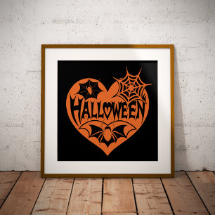 Halloween Heart, Orange Heart Shape, Spider Web Poster