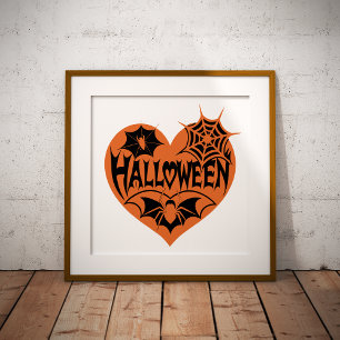 Halloween Heart, Orange Heart Shape, Spider Web Poster
