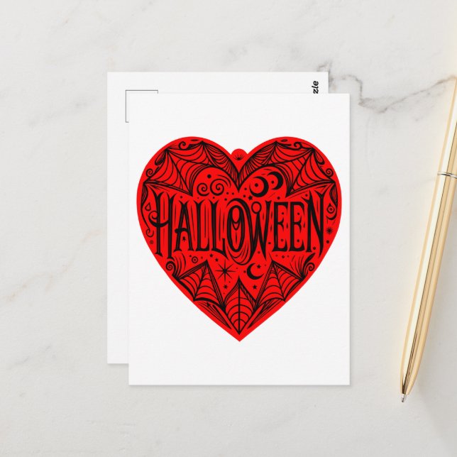 Halloween Heart, Red Heart Shape, Holiday Postcard (Front/Back In Situ)