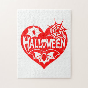 Halloween Heart, Red Heart Shape, Spider Web Jigsaw Puzzle