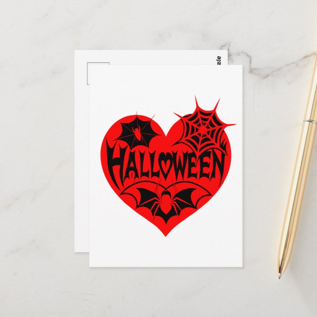 Halloween Heart, Red Heart Shape, Spider Web Postcard (Front/Back In Situ)