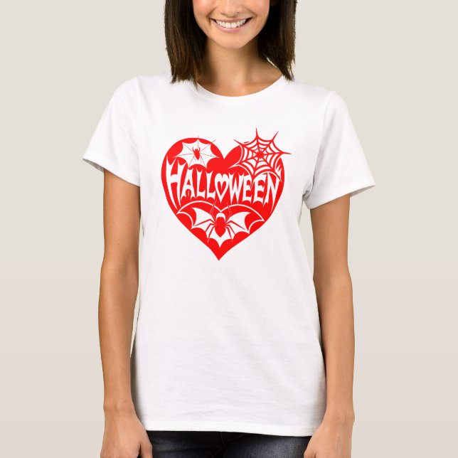 Halloween Heart, Red Heart Shape, Spider Web T-Shirt (Front)