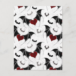 Halloween heart with black bat wings announcement postcard