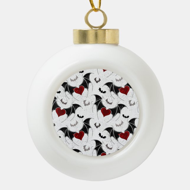 Halloween heart with black bat wings ceramic ball christmas ornament (Front)