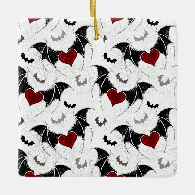 Halloween heart with black bat wings ceramic ornament (Front)