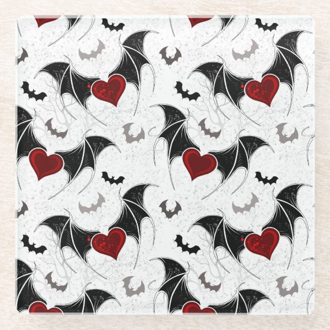 Halloween heart with black bat wings glass coaster (Front)