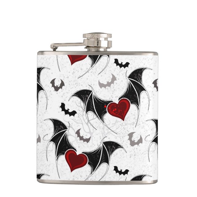 Halloween heart with black bat wings hip flask (Front)