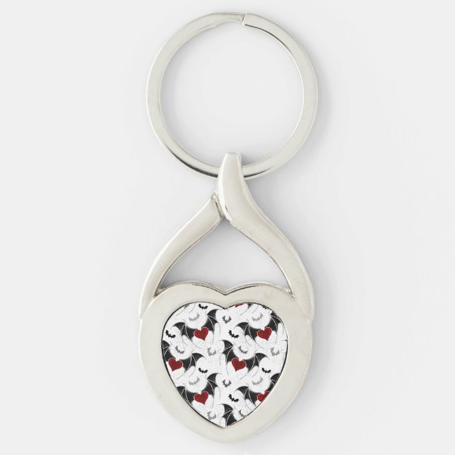 Halloween heart with black bat wings key ring (Front)