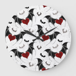 Halloween heart with black bat wings large clock
