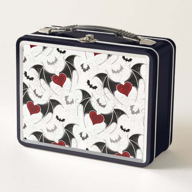 Halloween heart with black bat wings metal lunch box (Front)