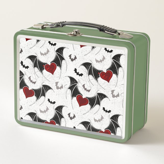 Halloween heart with black bat wings metal lunch box (Front)