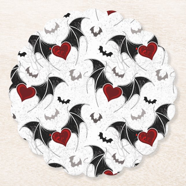 Halloween heart with black bat wings paper coaster (Front)