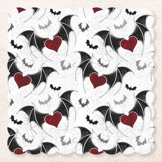 Halloween heart with black bat wings paper coaster (Front)