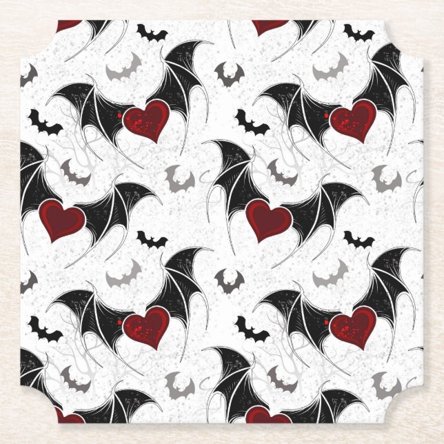Halloween heart with black bat wings paper coaster (Front)