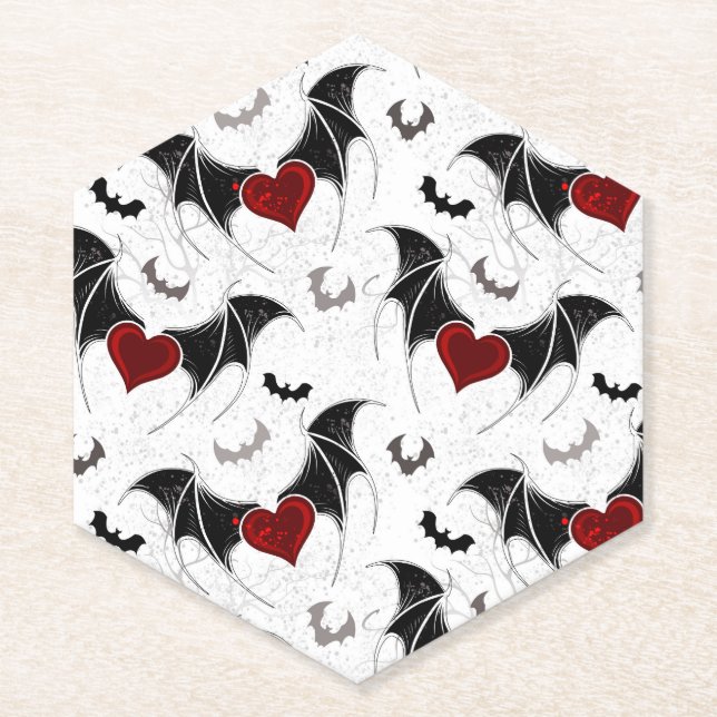Halloween heart with black bat wings paper coaster (Front)