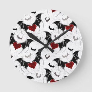 Halloween heart with black bat wings round clock