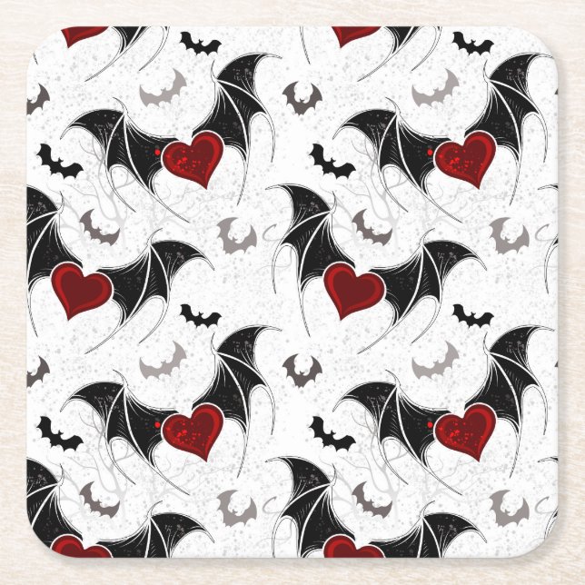 Halloween heart with black bat wings square paper coaster (Front)