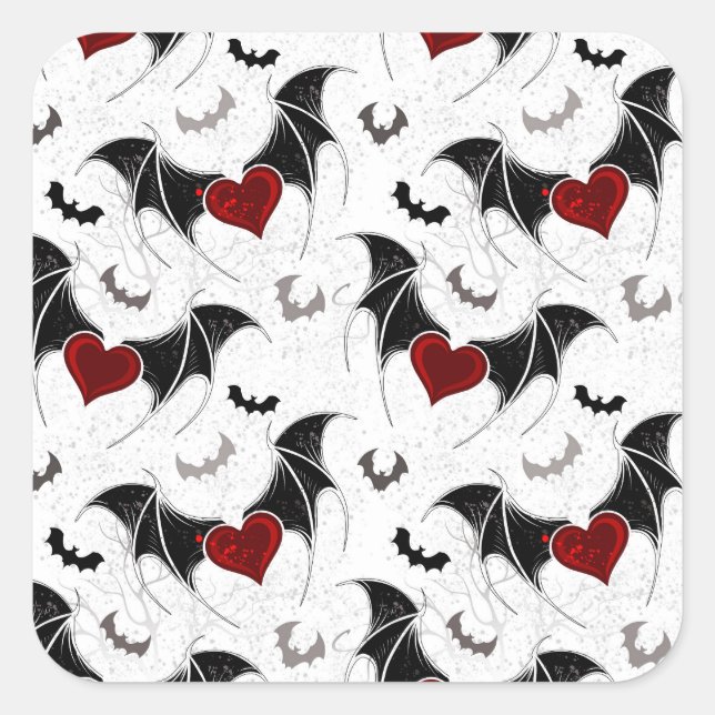 Halloween heart with black bat wings square sticker (Front)