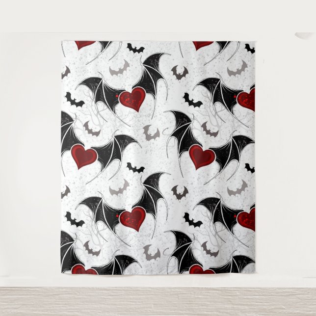 Halloween heart with black bat wings tapestry (Front)
