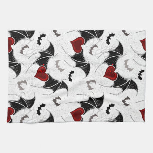 Halloween heart with black bat wings tea towel