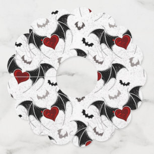 Halloween heart with black bat wings wine glass tag