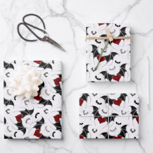 Halloween heart with black bat wings wrapping paper sheet
