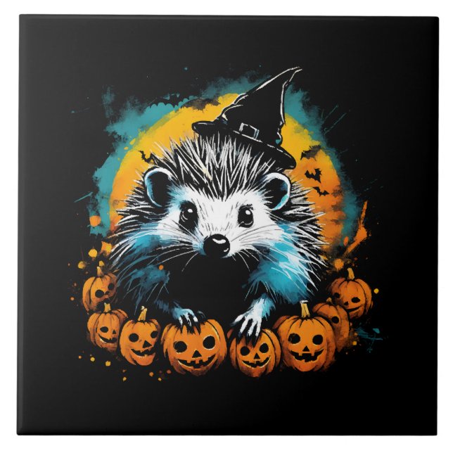Halloween Hedgehog and pumpkins cute Tile (Front)