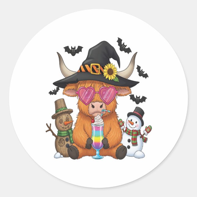 Halloween Highland Cow (2) Classic Round Sticker (Front)
