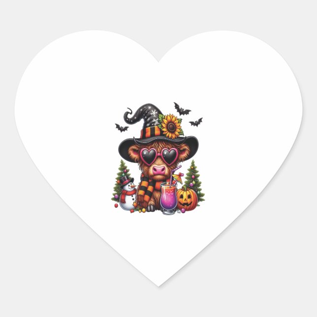 Halloween Highland Cow 2 Heart Sticker (Front)