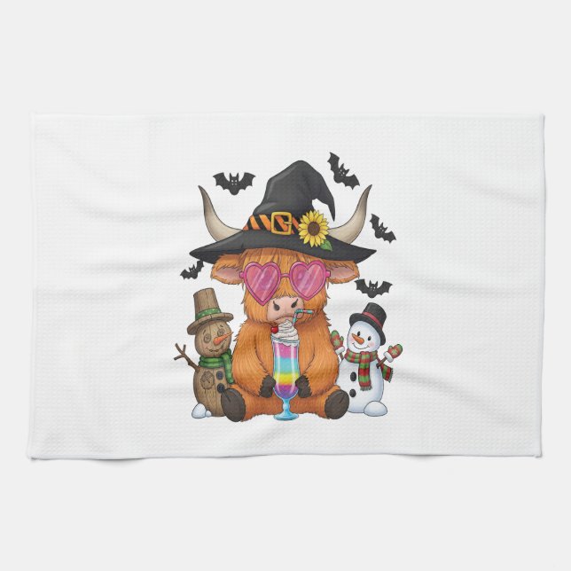 Halloween Highland Cow (2) Tea Towel (Horizontal)