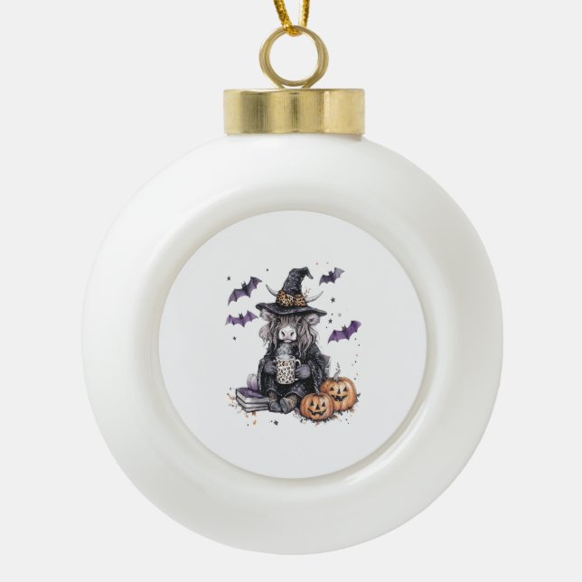 Halloween Highland Cow Ceramic Ball Christmas Ornament (Front)