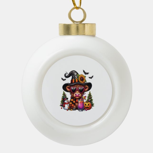 Halloween Highland Cow Ceramic Ball Christmas Ornament (Front)
