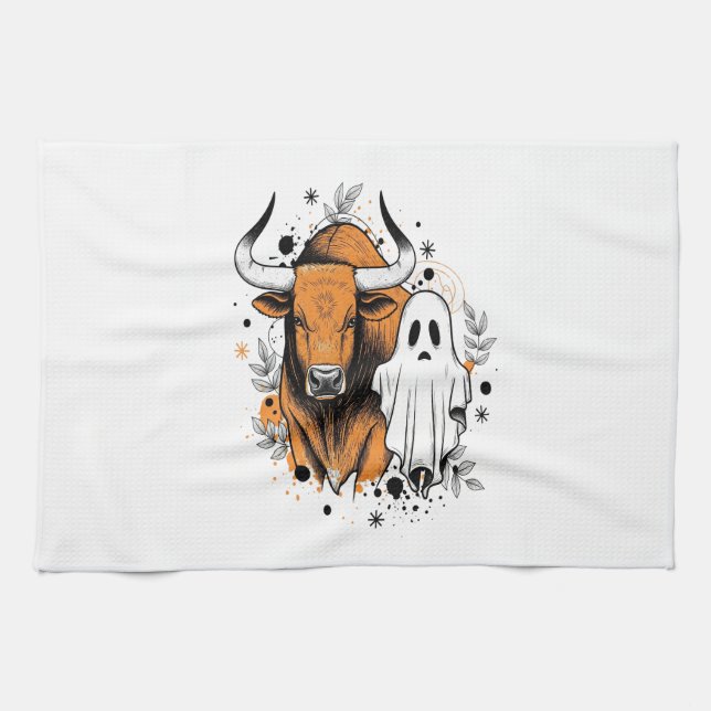 Halloween Highland Cow Cute Fall Tea Towel (Horizontal)