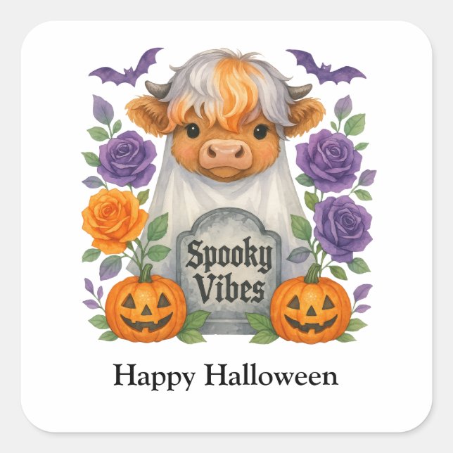 Halloween Highland Cow Ghosts Cute Personalised Square Sticker (Front)