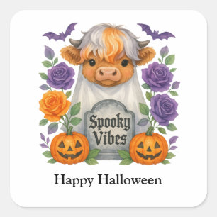 Halloween Highland Cow Ghosts Cute Personalized Square Sticker