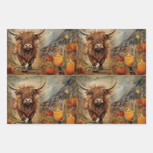 Halloween Highland Cow Portrait Ephemera Wrapping Paper Sheet (Front)