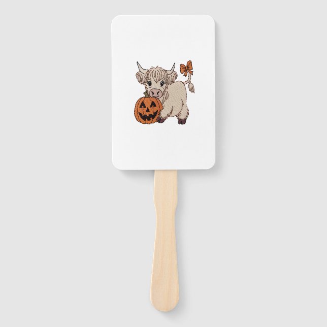 Halloween Highland Cow Pumpkin Hand Fan (Front)