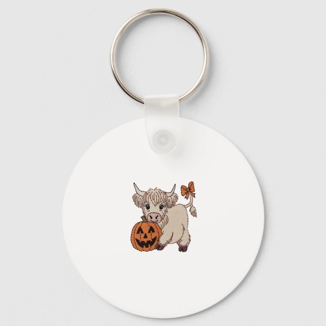 Halloween Highland Cow Pumpkin Key Ring (Front)