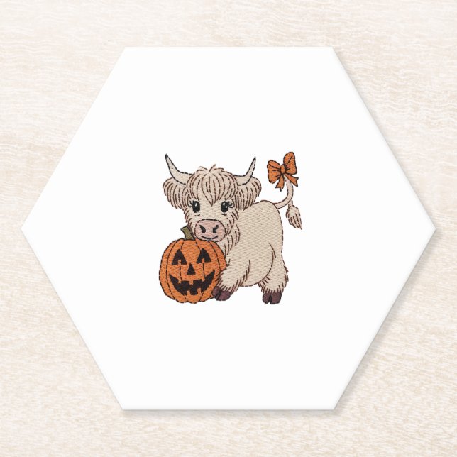 Halloween Highland Cow Pumpkin Paper Coaster (Front)