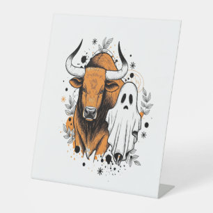 Halloween Highland Cow Pumpkin Pedestal Sign