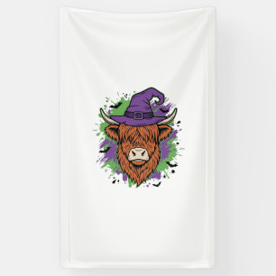 Halloween Highland Cow Witch Hat Vintage Vector_1 Banner