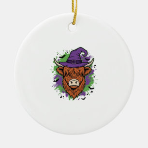 Halloween Highland Cow Witch Hat Vintage Vector_1 Ceramic Tree Decoration