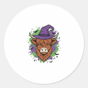 Halloween Highland Cow Witch Hat Vintage Vector_1 Classic Round Sticker