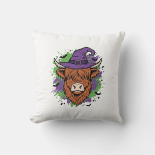 Halloween Highland Cow Witch Hat Vintage Vector_1 Cushion