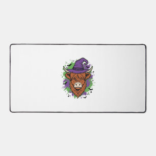 Halloween Highland Cow Witch Hat Vintage Vector_1 Desk Mat