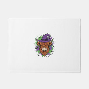 Halloween Highland Cow Witch Hat Vintage Vector_1 Doormat