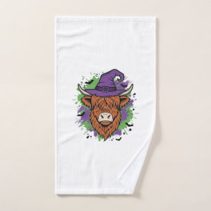 Halloween Highland Cow Witch Hat Vintage Vector_1 Hand Towel