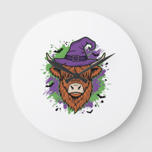 Halloween Highland Cow Witch Hat Vintage Vector_1 Large Clock