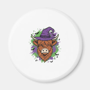 Halloween Highland Cow Witch Hat Vintage Vector_1 Magnet