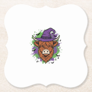 Halloween Highland Cow Witch Hat Vintage Vector_1 Paper Coaster
